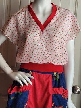 Vintage 80s Women’s Red-Banded White Blouse with Red Dot Print 6